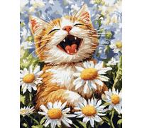 kitphoenix Latch Hook Kits for Adults Kids Smiling Cat Next to Daisy 55X75Cm DIY Latch Hook Rug Kit, Home Carpet Rug Making Kit, Cross Stitch Embroidery Kits Needlework Crafts Rug for Home Decor