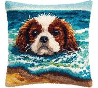 kitphoenix Latch Hook Pillow Cover Making Kit for Adults Beginners,Cavalier King Charles Dog Swimming Seaside,DIY Cushion Cover Craft Set with Yarn,Hook and Pre-Printed Canvas,43x43 cm