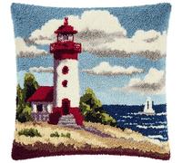kitphoenix Lighthouse Latch Hook Cushion Kit for Adults & Beginners,Pre-Printed Canvas Rug Making Kit,DIY Pillow Cover Craft Set 43x43 cm,Colourful Crochet Kit for Stress Relief & Mindfulness