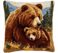 kitphoenix Make Your Own Cushion with This DIY Latch Hook Kit,Brown Bear Father and Son,43x43 cm Complete Craft Set with Colour Printed Canvas,Pre-Cut Yarn and Crochet Hook