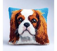 kitphoenix Pre-Printed Latch Hook Cushion Cover Kit for Adults,Cavalier King Charles Dog Cute Portrait,DIY Pillow Cover Craft Set with Yarn and Hook,43x43 cm