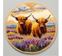 kitphoenix Round Latch Hook Kits Rug Making Crafts with Colorful Pattern Printed, Highland Cattle in A Field of Flower Unfinished Handmade Crochet Yarn for Kids Adults Beginner, 50X50Cm