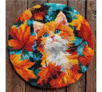 kitphoenix Round Shape Latch Hook Kits Cat Under The Maple Leaves 50X50Cm Pre-Printed Rug DIY Crochet Yarn Embroidery Needlework Hook and Latch Kit Carpet Cushion Cover Home Sofa Christmas Decoration