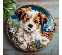 kitphoenix Round Shape Latch Hook Kits Rug Animal Dog 50X50Cm DIY Cushion Rug Carpet Making Crochet Hook Kits Pre Printed Pattern Canvas Cushion Acrylic Yarn Hooking Kits Mat Kits