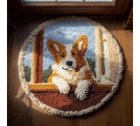 kitphoenix Round Shape Latch Hook Kits Rug Corgi 50X50Cm DIY Cushion Rug Carpet Making Crochet Hook Kits Pre Printed Pattern Canvas Cushion Acrylic Yarn Hooking Kits Mat Kits