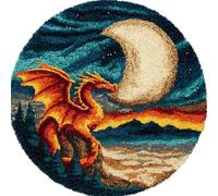 kitphoenix Round Shape Latch Hook Kits Rug Dragon 50X50Cm DIY Cushion Rug Carpet Making Crochet Hook Kits Pre Printed Pattern Canvas Cushion Acrylic Yarn Hooking Kits Mat Kits