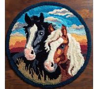 kitphoenix Round Shape Latch Hook Kits Rug Farm Horses 50X50Cm DIY Cushion Rug Carpet Making Crochet Hook Kits Pre Printed Pattern Canvas Cushion Acrylic Yarn Hooking Kits Mat Kits