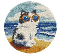 kitphoenix Rug Making Kit for Adults A Cat Wearing Glasses Sitting On The Beach 20X20Inch (50X50Cm) DIY Craft Latch Hook Rug Kit Set Tapestry Cushion Patterns Printed Mesh Mat Canvas Wool Yarn