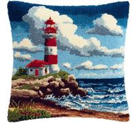 kitphoenix Seaside Scenery Latch Hook Cushion Kit for Adults & Beginners,Pre-Printed Canvas Rug Making Kit,DIY Pillow Cover Craft Set 43x43 cm,Colourful Crochet Kit for Stress Relief & Mindfulness