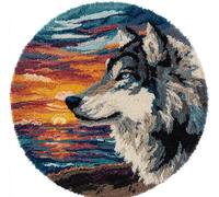 kitphoenix Wolf Craftsfabrics Rug 60% Cotton 40% Polyester 50Cm in Diameter DIY Crafts Yarn Carpet Round Shape Custom Latch Hook Rug Crochet Kits for Beginners Adults