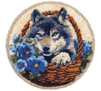 Kitquiver Animal Rug Making Kits The Wolf in The Flower Basket Latch Hook Kit for Beginners，Tapestry Carpet Latchs Set for Adults Self Knotting Set DIY Craft Kits 50x50cm