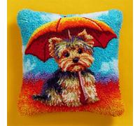 Kitquiver Cushion Making Kit Yorkshire Terrier with an Umbrella Crochet Needlework Crafts with Latch Hook Tool for Adults DIY Handmade Home Cushion Kits Decor 17x17In