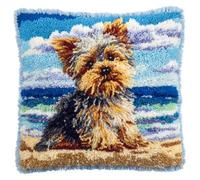 Kitquiver DIY Latch Hook Kit Beach Yorkshire Terrier Crochet Needlework Crafts with Latch Hook Tool for Adults DIY Handmade Home Cushion Kits Decor 17x17In