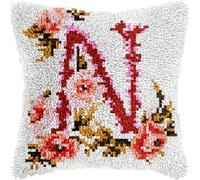 Kitquiver DIY Latch Hook Kits English Letter N and Flowers DIY Latch Hook Kits Pattern Printed Throw Pillow Case Cushion Cover Home Decoration 17x17in