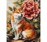 Kitquiver DIY Latch Hook Rug,Shiba Inu and A Giant Flower,Crochet Kits Embroidery Kits Home Carpet Rug Making Canvas,Needlework Crafts for Home Decor