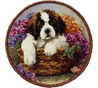 Kitquiver Dog Animal Latch Hook Cushion Kits Saint Bernard in A Flower Basket DIY Latch Hook Rug Kit for Adults，Carpet Making Needlework for Beginners，Home Decor 60x60cm