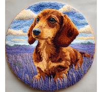 Kitquiver Dog Animal Latch Hook Kit Rug Dachshund and Lavender Flowers Latch Hook Kit for Beginners，Tapestry Carpet Latchs Set for Adults Self Knotting Set DIY Craft Kits 100x100cm