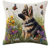 Kitquiver Latch Hook Kit Pillow for Adults and Beginners German Shepherd and Butterfly Cushion Cover Pillowcase Embroidery Kit Embroidery with Printed Canvas,43×43Cm