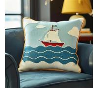 Kitquiver Latch Hook Kits for Adults Cartoon Sailboat On The Sea Crochet Needlework Crafts with Latch Hook Tool for Adults DIY Handmade Home Cushion Kits Decor 43x43cm