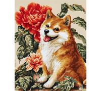 Kitquiver Latch Hook Kits for Adults Rug Shiba Inu and A Giant Flower DIY with Printed Canvas Crochet Yarn Handmade Embroidery Crafts Crochet for Home Decoration 39''X55''