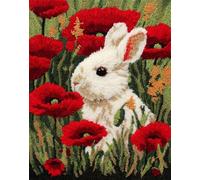 Kitquiver Latch Hook Rug Kits for Adults Beginners White Rabbit Under The Poppy DIY Craft Doormat Rug Making Kit Tapestry Cushion Knitting Patterns Printed Mesh Mat Canvas Wool Yarn Fabric G