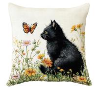 Kitquiver Needlepoint Pillow Kit Cartoon Black Cat and Butterfly DIY Latch Hook Kits Pillow Needlepoint Cushion Kit for Home Décor Needlework Set for Adult Beginners 17x17In