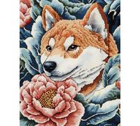 Kitquiver Rug Kits for Adults Latch Hook Pre Printed Shiba Inu and A Giant Flower DIY Crochet Yarn Embroidery Handmade Needlework with Printed Canvas for Home Decoration 31''X45''