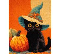 Kitquiver Rug Kits for Adults Latch Hook Printed Cat and Pumpkin in Wizard Hat 21X29In/55X75Cm DIY Crafts Crochet Yarn Handmade Embroidery with Printed Canvas Needlework for Home Decor