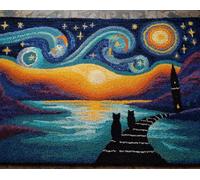 Kitquiver Rug Making Kits for Adults Latch Hook Cats Back Under The Starry Sky Crafts Crochet Yarn with Pre-Printed DIY Handmade Embroidery Needlework for Home Decoration 15X20In