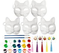 KITRDOOR DIY Blank Fox Cat Masks, 5 Pack Unpainted Pure White Graffiti Face Masks Fox Cat White Paper Mask with Paints Brushes Bells Tassels for Decorating Craft School Party Favors Halloween