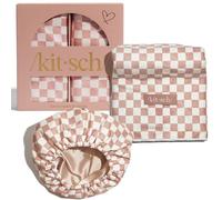 Kitsch Love & Comfort 2PC Spa Set - Satin Lined Reusable Waterproof Shower Cap and XL Quick Dry Hair Towel Wrap for Women, Microfiber Towel, Flexi Shower Cap For All Hair Types - Terracotta Checker