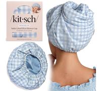 Kitsch Luxury Satin-Lined Flexi Shower Caps for Women Reusable Waterproof - Large Wide Shower Cap for Women & Men, Adjustable, Stylish Hair Cap for Showers, For Long & Short Hair - Gingham Blue