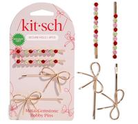 Kitsch Metal Gemstone and Bow Bobby Pins 4pc Set - Red, Pink & Green