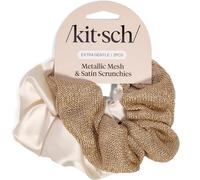 Kitsch Metallic Mesh & Satin Scrunchies For Women - Recycled Fabric Hair Ties for Secure Hold, Comfortable Wear | Softer Than Silk Scrunchies For All Hair Types - Cream & Gold, 2pcs