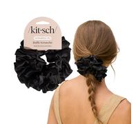 Kitsch Recycled Satin Ruffle Scrunchie - Gentle Hair Scrunchie for Women, Eco-Friendly Hair Tie No Damage, Stylish Ponytail Holder | Ideal Gifts for Women - Black