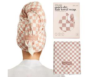 Kitsch XL Microfiber Hair Towel Wrap for Women - Ultra Absorbent Microfiber Towel for Wet, Curly, Long or Short Hair - Quick Dry, Anti-Frizz Hair Wrap - Terracotta Checkered