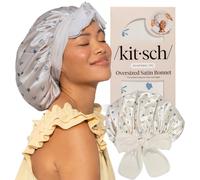 Kitsch XL Satin Bonnet for Sleeping - Softer Than Silk Bonnet for Sleeping Women, Secure Fit Adjustable Night Cap for Curly & Textured Hair & Prevents Breakage - Pearlized Cream & Coastal Blue Print
