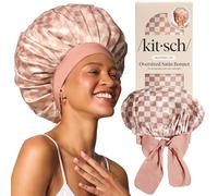 Kitsch XL Satin Bonnet for Sleeping - Softer Than Silk Hair Bonnet For Women - Secure Fit, Adjustable Night Cap For Curly & Textured Hair - Prevents Breakage, Tangles & Thinning - Terracotta Checker
