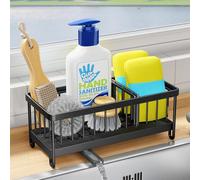 Kitstorack Kitchen Sink Caddy Metal Sponge Holder for Kitchen Organiser Sink Tidy with Removable Drip Tray and Drainage Countertop Sink Washing up Organiser (Black)