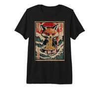 Kitsune Fox Eating Ramen Noodles Japanese Wave Art Ukiyo-e Premium T-Shirt