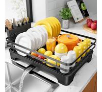 Kitsure Dish Drainer Rack - Multi-Functional Dish Rack for Kitchen Counter with Cutlery Holder, Rust-Proof Storage Solution Dish Drainer with Rotatable, 46.5cm x 30.5cm x 14.0cm, Black