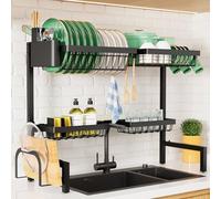 Kitsure Over The Sink Dish Drying Rack - 30.0" to 33.9"x21.5", Adjustable Sink Drying Rack for Kitchen Sink with Large Capacity, 2-Tier Dish Rack Over Sink with Multifunctional Baskets, Black