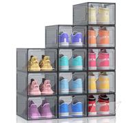 Kitsure Thicker & Sturdier Shoe Storage Boxes - 12 Pack Black Clear Plastic Foldable Organiser with Magnetic Door, Reinforced Heavy-Duty Design for Trainers, Toiletries & Accessories, 33.5x24x18.5cm
