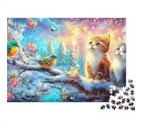 Kitten And Birds on A Snowy Branch in A Bright, Wintry Scene 1000-Piece Jigsaw Puzzle Cute Cat Perfect for Men, Women, Elders & Seniors 70x50cm/1000pcs