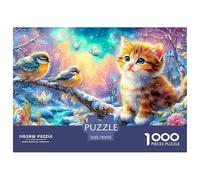 Kitten And Birds on A Snowy Branch in A Bright, Wintry Scene 1000-Piece Jigsaw Puzzle Dreamy Cute Cat - Challenging & Brainteasing for All Ages 70x50cm/1000pcs