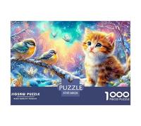 Kitten And Birds on A Snowy Branch in A Bright, Wintry Scene 1000 Piece Jigsaw Puzzle Dreamy Cute Cat - Brainteasing Fun for Adults & Kids 38x26cm/1000pcs