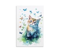 Kitten And Butterfly Canvas Wall Art for Bedroom Watercolor Beautiful Cute Cat Wall Decor Poster for Room Aesthetic