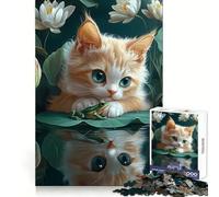 Kitten And Frog on Lily Pad Cornish Rex Cat Jigsaw Puzzle 1000 Piece for Teenagers Memory Fit Neat Cut Home Play Perfect Decor (38x52cm)