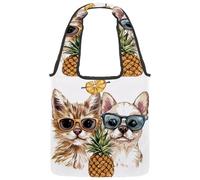 Kitten and Puppy Faces with Glasses and Pineapple Canvas Tote Bag for Women, Medium Reusable Grocery Totes Washable and Eco-friendly