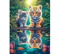 Kitten And Tiger Cub Reflected in A Magical Forest Pond 1000 Piece Jigsaw Puzzle for Adults Wildlife Pet Cute Garden Room Decor Nature Inspired Detailed Artwork for Gardeners 1000 PCS